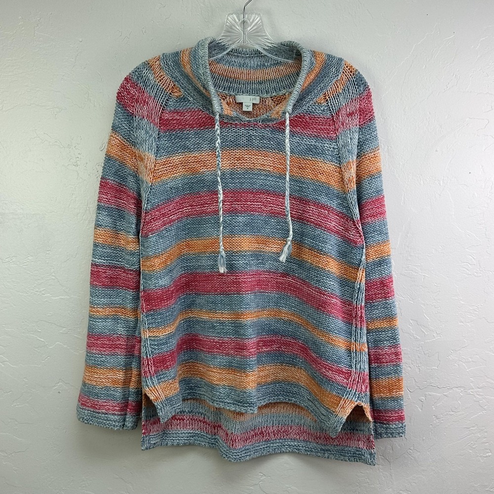 J Jill Sweater Womens Medium Multicolor Stripe Cotton Linen Hoodie Pullover